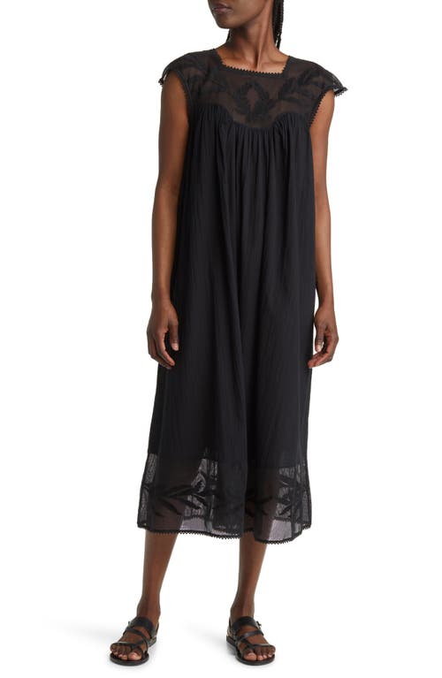 THE GREAT. The Dawn Embroidered Sheer Yoke Cotton Dress in Black