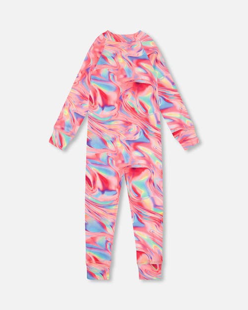 Deux Par Deux Little Girl's One Piece Thermal Underwear Printed Pink Marble In Printed Marble