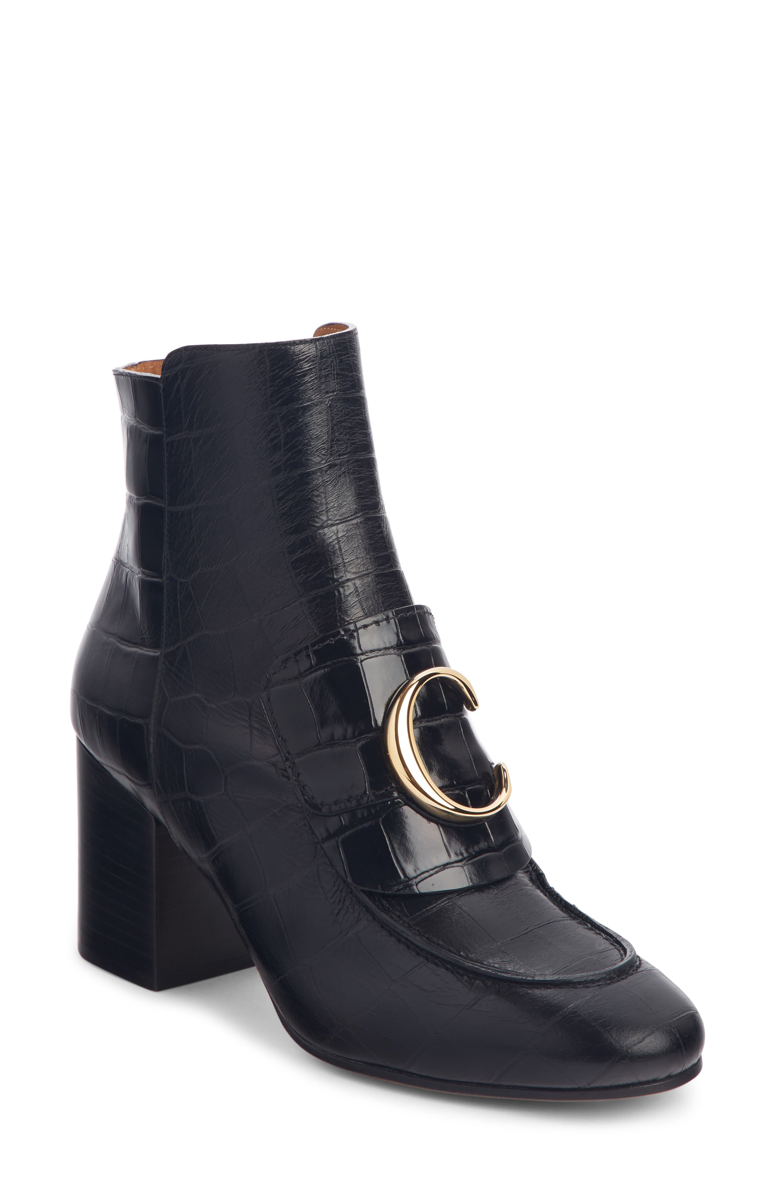 Chloe Chloec Croc Embossed Bootie, Black
