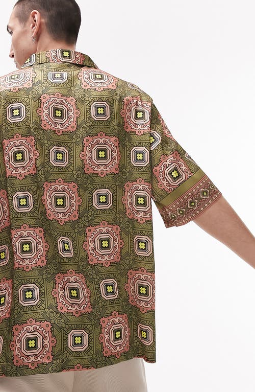 Shop Topman Print Short Sleeve Satin Button-up Shirt In Green Multi