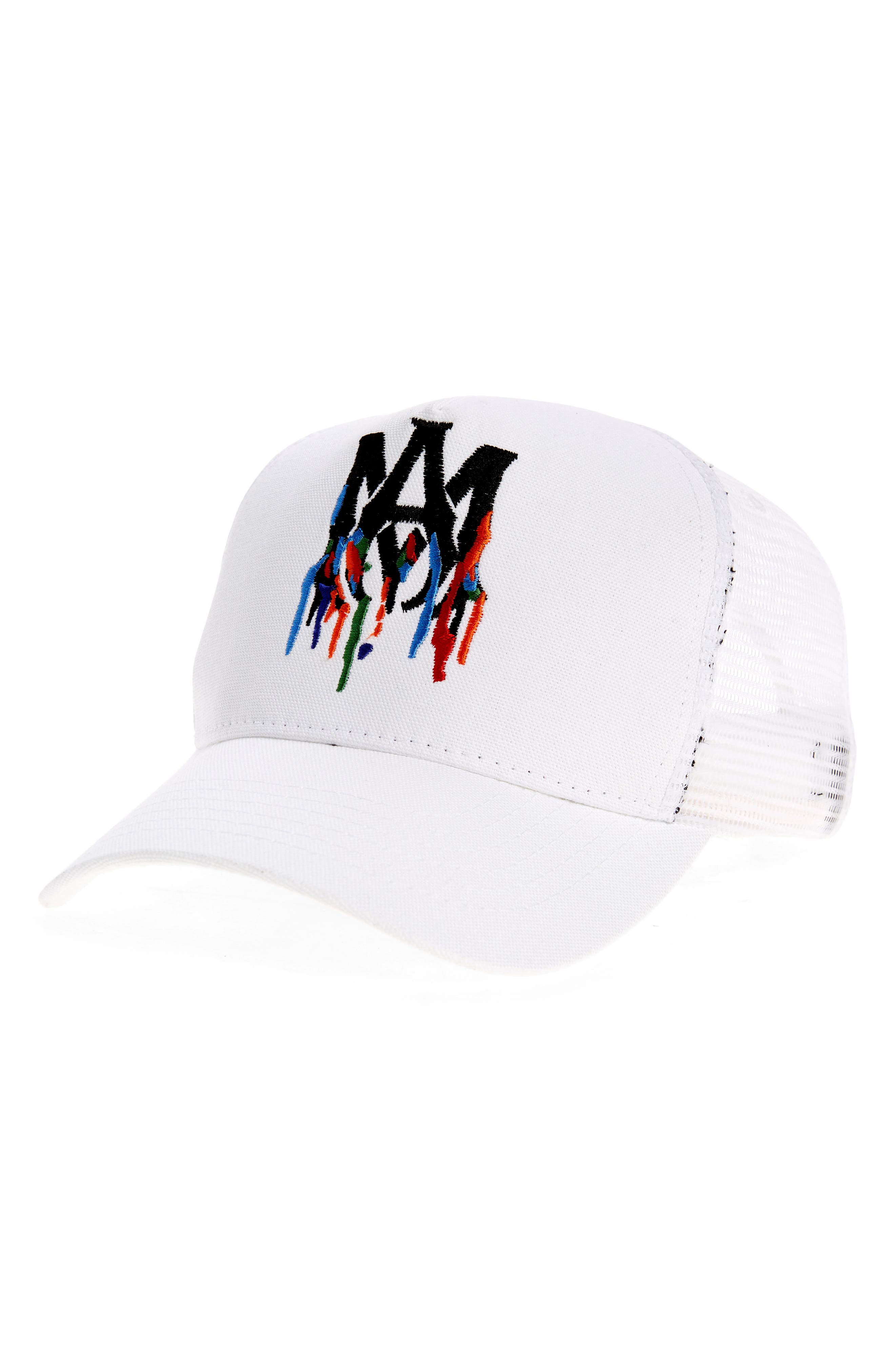 AMIRI Paint Drip Embroidered Logo Trucker Hat in White at Nordstrom