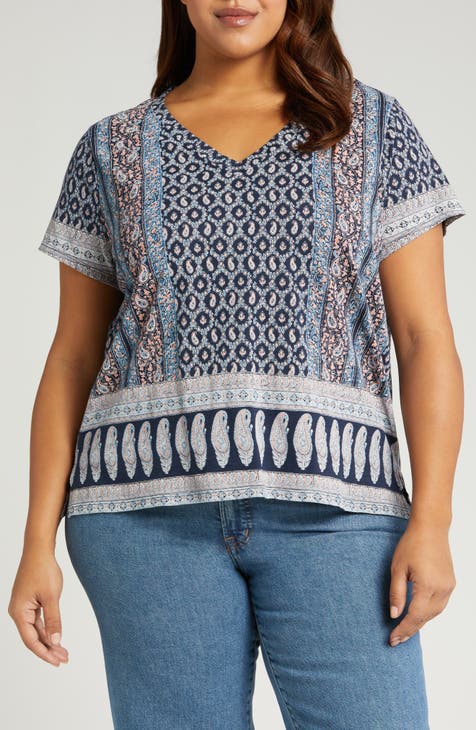 Lucky Brand Plus Printed V-Neck Top Women - Plus Size Clothing