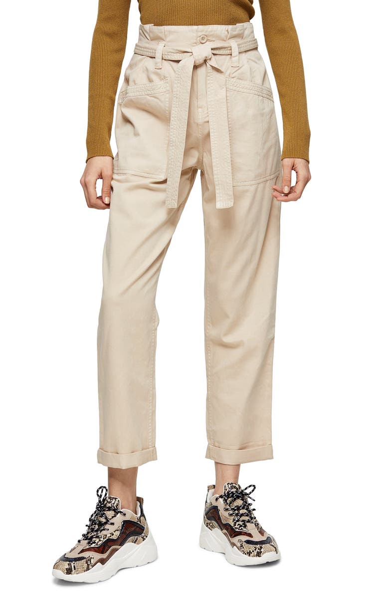 TOPSHOP Billy Paperbag Waist Crop Utility Trousers, Main, color, STONE