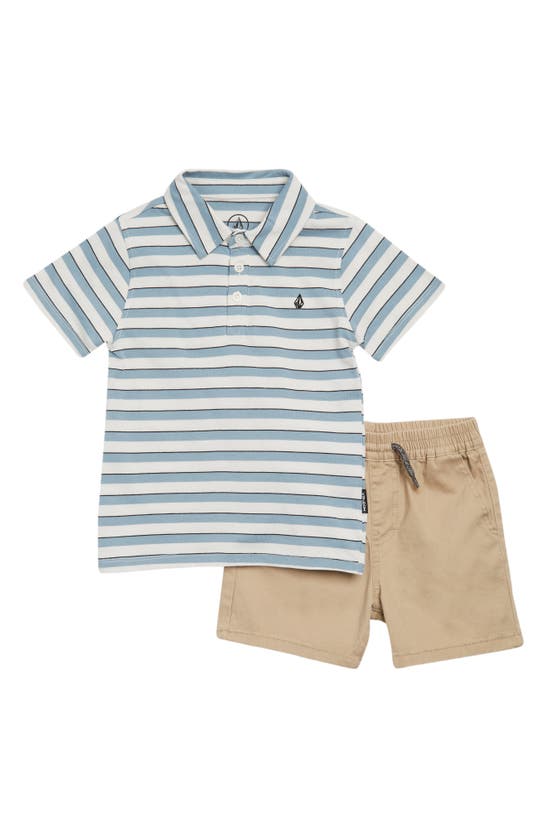 Volcom Kids' Stripe Polo & Twill Shorts Set In Blue