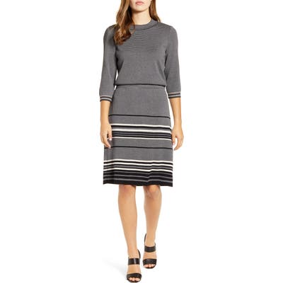Ming Wang Mixed Stripe Blouson Dress, Grey