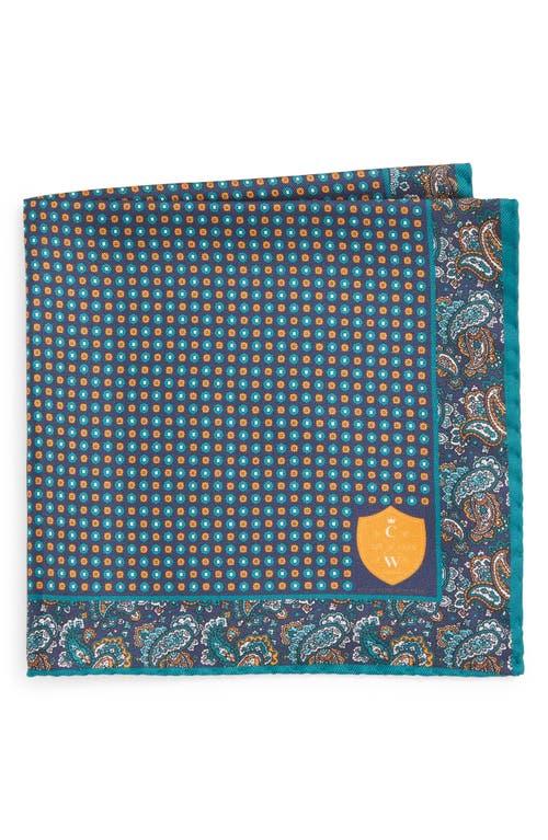 Clifton Wilson Paisley Silk Pocket Square In Turquoise