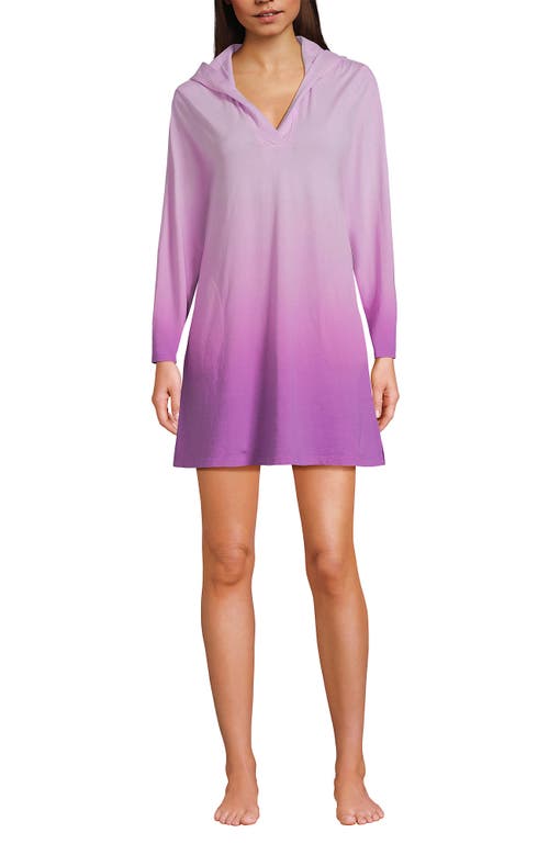 Lands' End Cotton Jersey Long Sleeve Hooded Swim Cover-up Dress In Vivid Violet Ombre