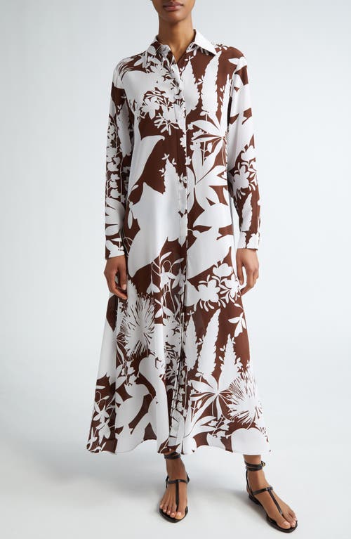 Michael Kors Collection Shadow Floral Print Long Sleeve Silk Crêpe De Chine Shirtdress In Nutmeg/optic White