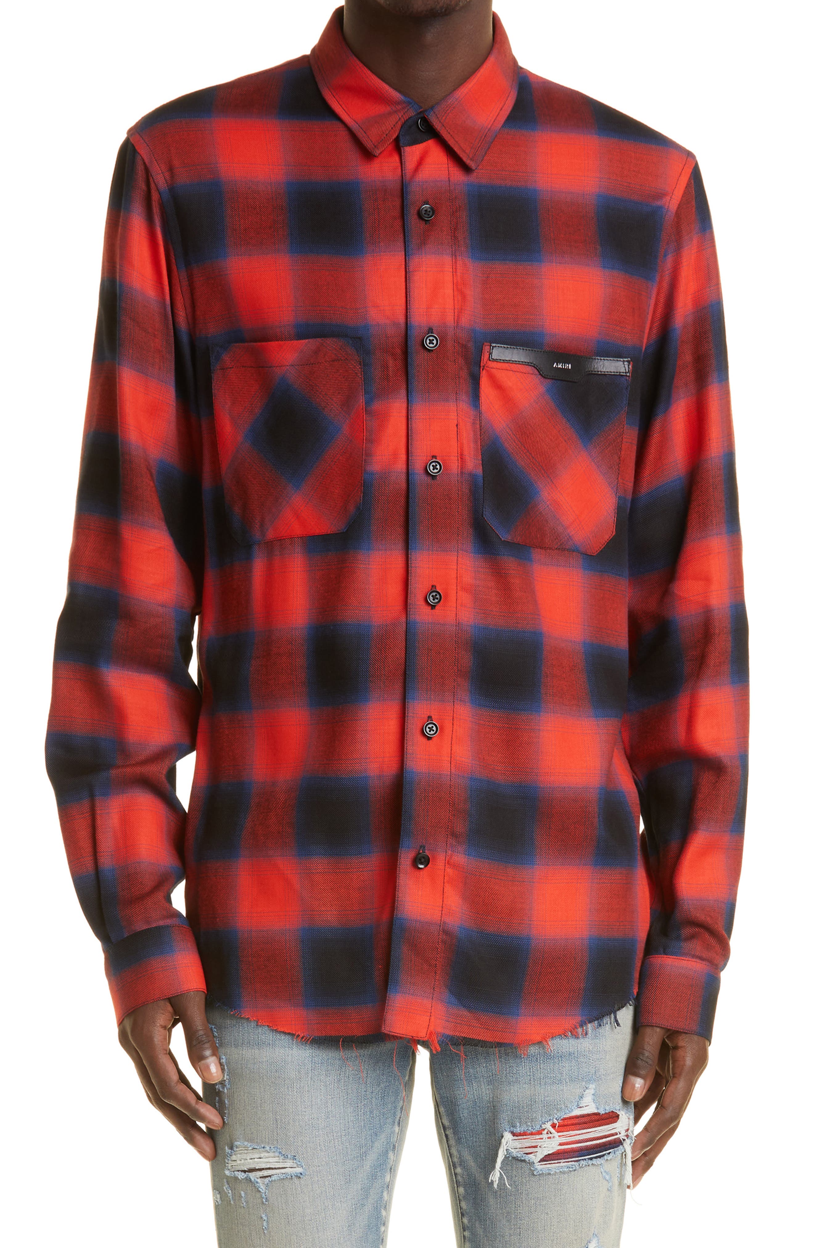 Men's Amiri Applique Logo Plaid Flannel Button-Up Shirt | Smart Closet