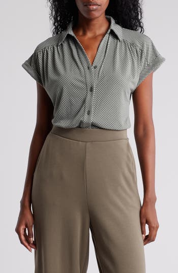 Adrianna Papell Knit Button-up Top In Gray