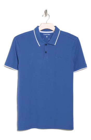 Calvin Klein Stretch Piqué Solid Tipped Polo In Blue