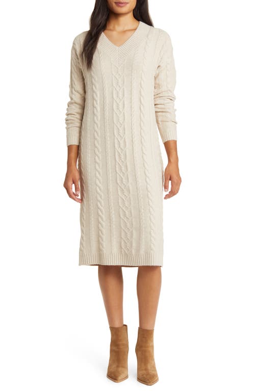 caslon(r) Long Sleeve Cable Stitch Sweater Dress in Beige Oatmeal Heather