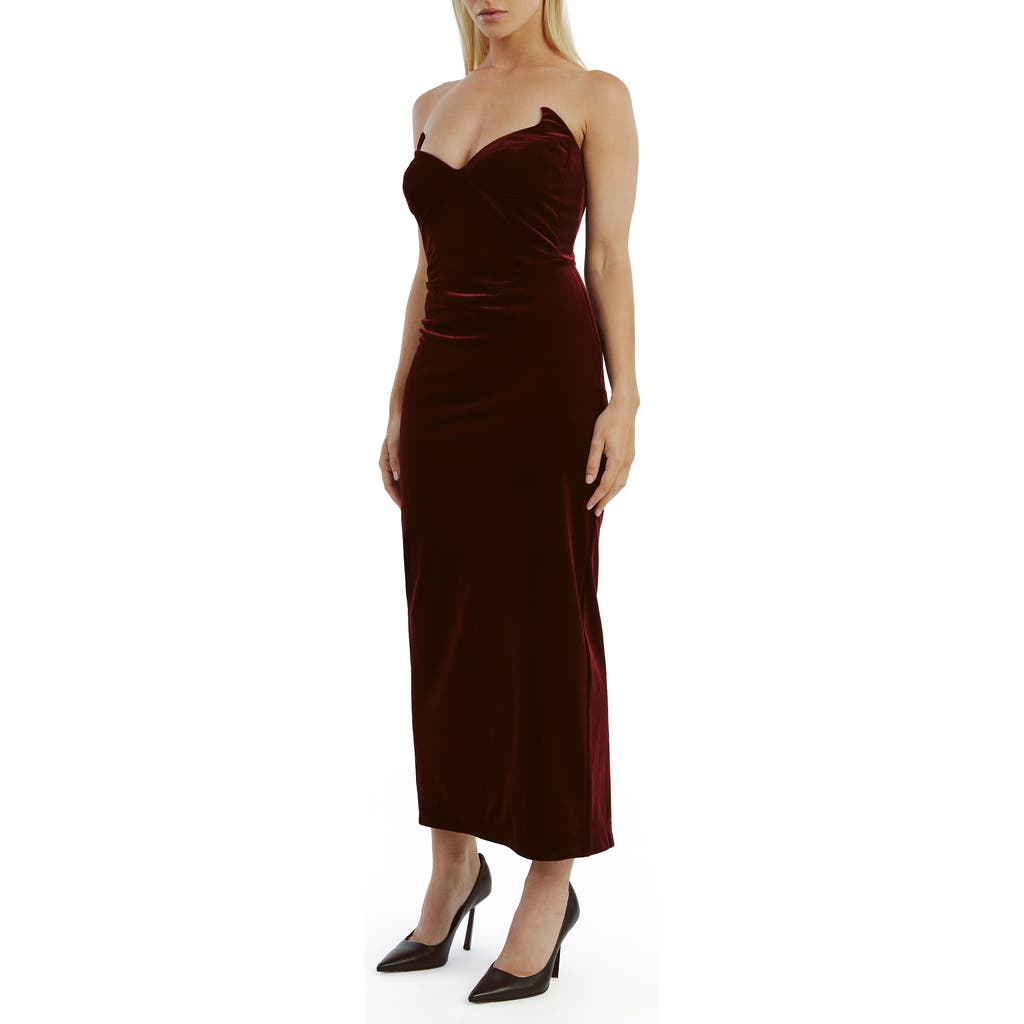 Bardot Camellia Strapless Velour Dress In Burgundy