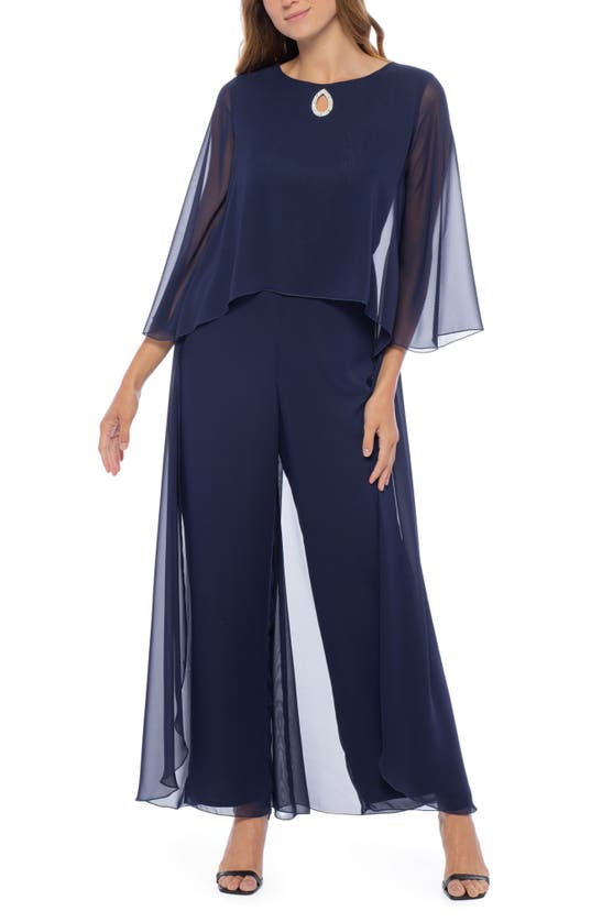 Shop Marina Chiffon Overlay Long Sleeve Jumpsuit In Navy