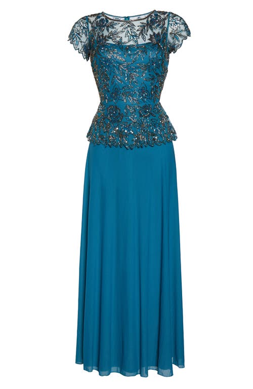 Beaded Mesh Mock Two-Piece Gown in Teal