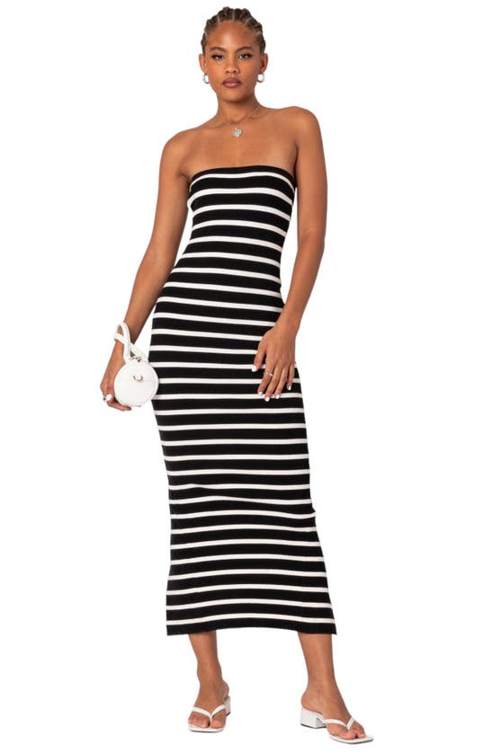 Edikted Stripe Strapless Maxi Dress In Black-and-white