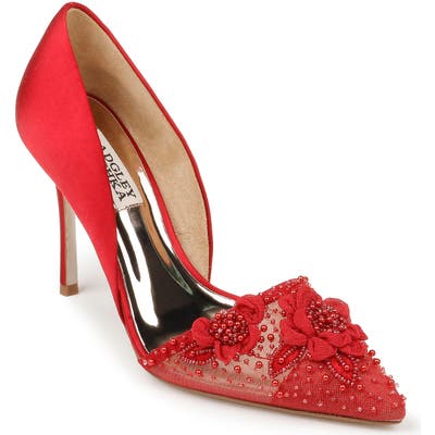 Badgley Mischka Ophelia Beaded Floral Pointed Toe Pump, Red