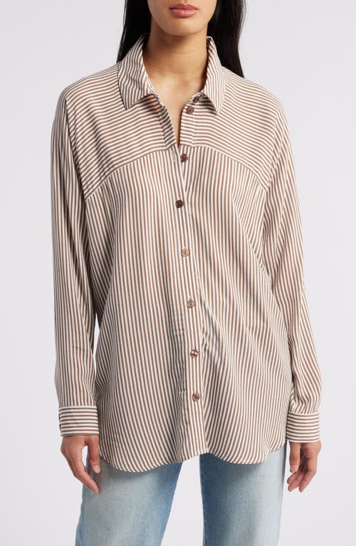 Bobeau Stripe Button-up Tunic In Ivory/deep Taupe Stripe
