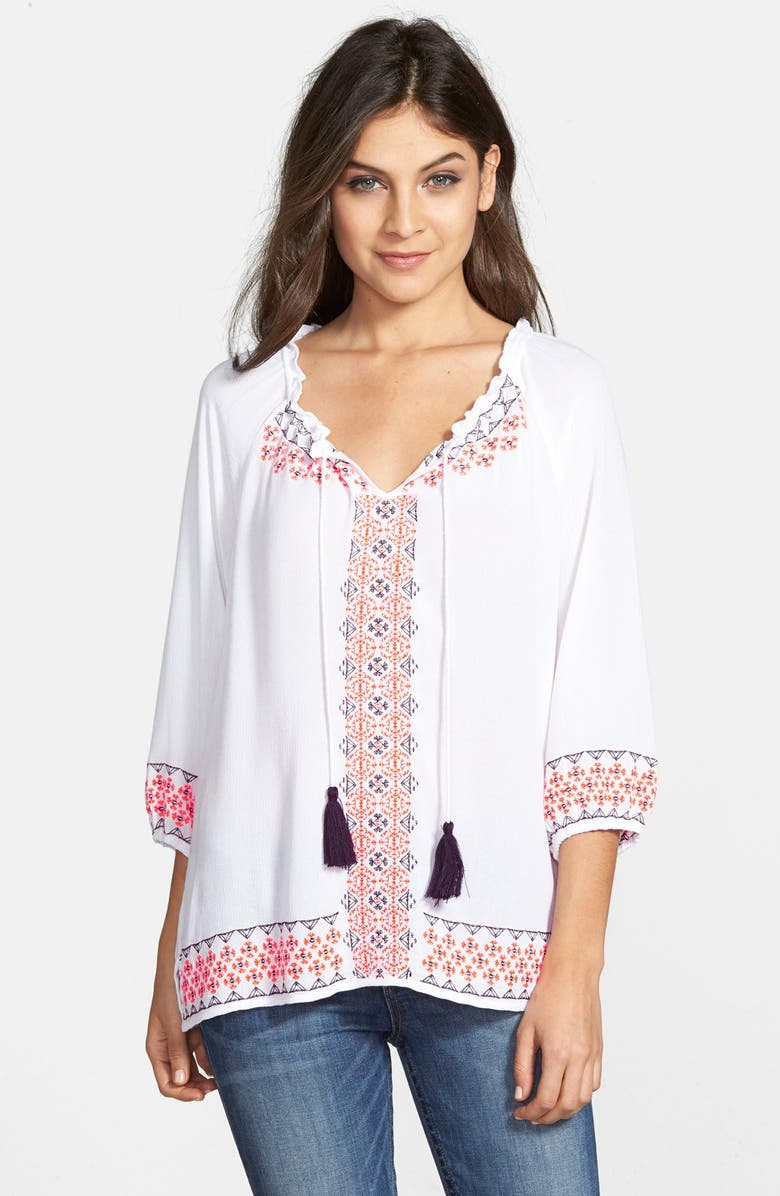 WIT & WISDOM Three Quarter Sleeve Gauze Peasant Top, Main, color, CORAL