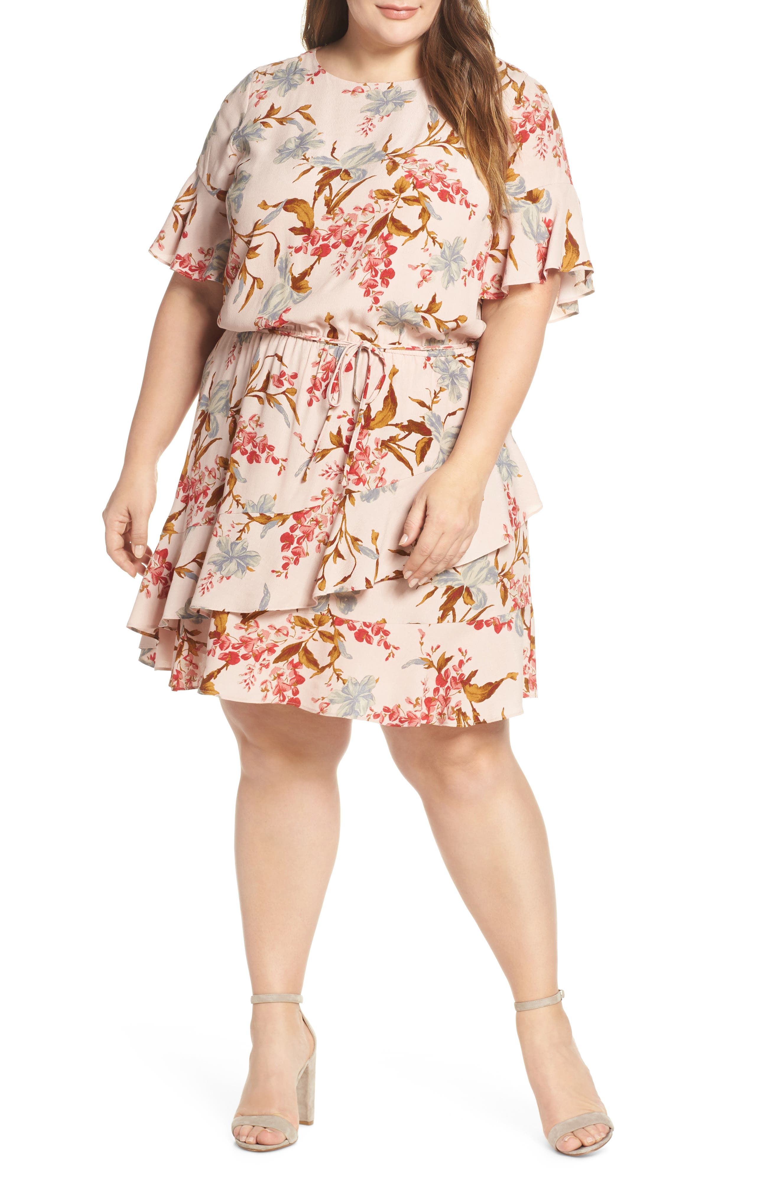 Plus Size Vince Camuto Ruffle Wildflower Print Dress, Orange