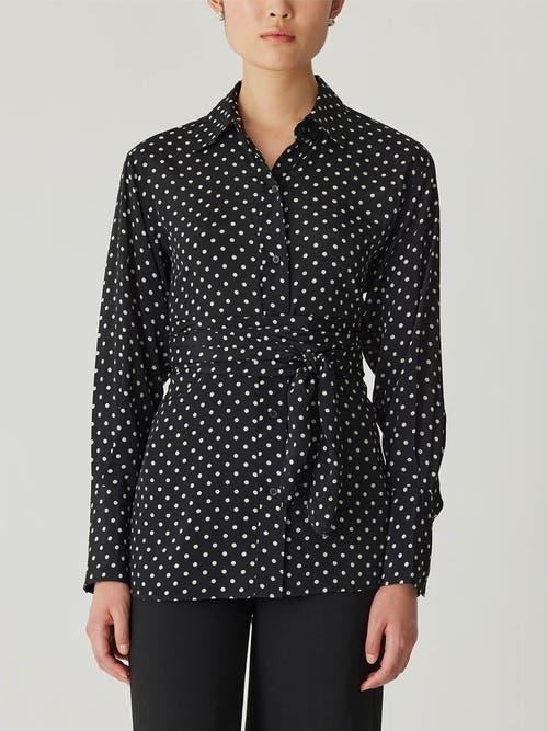 Rebecca Taylor Polka Dot Silky Wrap Shirt In Black Dot Combo