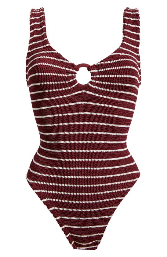 Shop Hunza G Celine Stripe Seersucker One-piece Swimsuit In Wine/ White