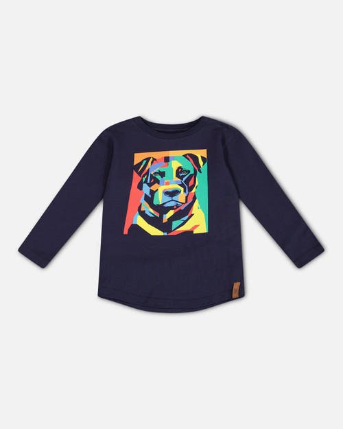 Shop Deux Par Deux Boy's Long Sleeve T-shirt With Print Navy In Peacoat