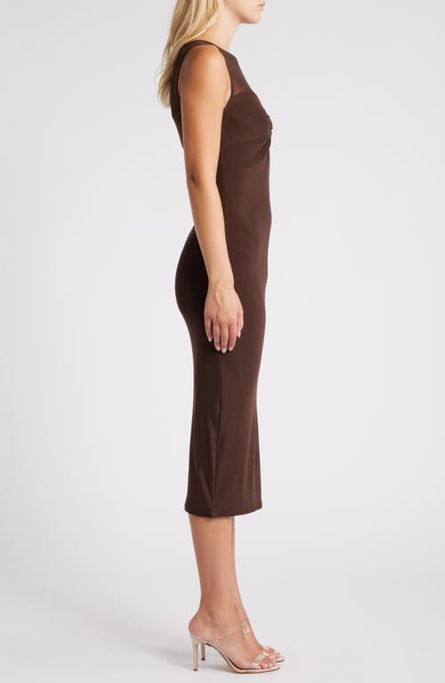 Shop Rare London Twist Front Mesh Yoke Cocktail Midi Dress In Brown