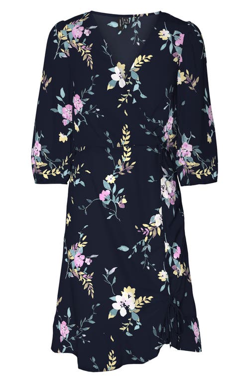 Olga Floral Recycled Polyester Faux Wrap Dress in Black Aop