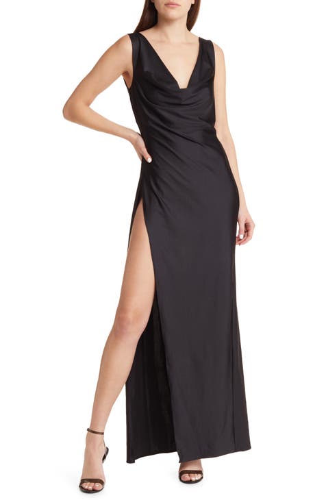 Satin Drape Neck Maxi Dress with Side Slit – Eclipse