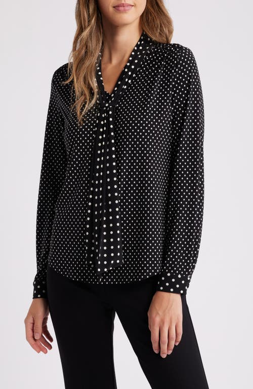 Anne Klein Polka Dot Tie Neck Long Sleeve Top In Black