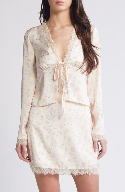 SOMETHING NEW Sally Floral Tie Front Satin Top White Swan Aop at Nordstrom,