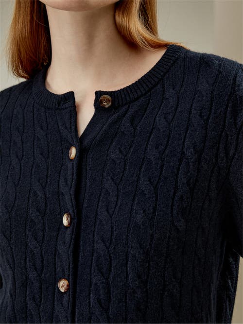 Lilysilk Cable-knit Cashmere Crewneck Cardigan In Navy Blue
