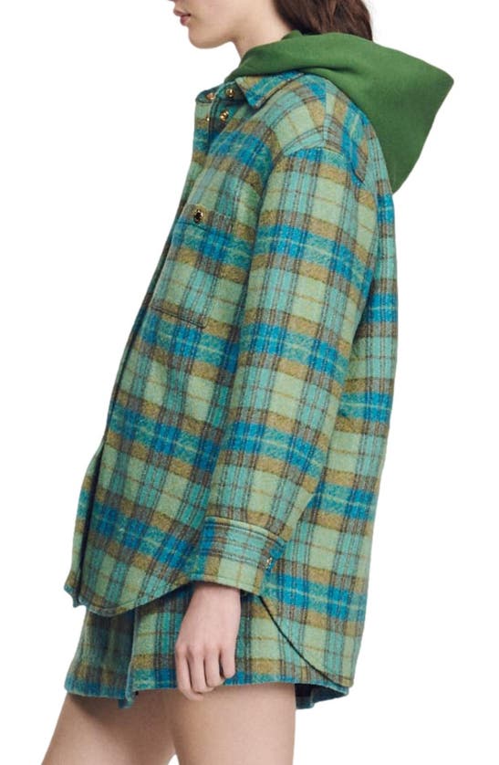Sandro Wool Check Shirt Jacket In Blue / Yellow