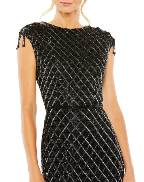 Mac Duggal Women's Crystal Fringe Cap-sleeve Dress In Black