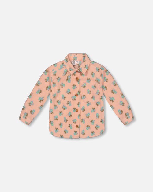 Deux Par Deux Little Girl's Printed Polar Fleece Shirt Peach With Blue Flowers In Printed Flowers