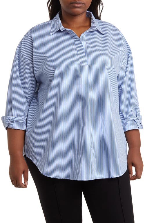 Shop T Tahari Oversize Poplin Tunic Shirt In Blue/white Stripe