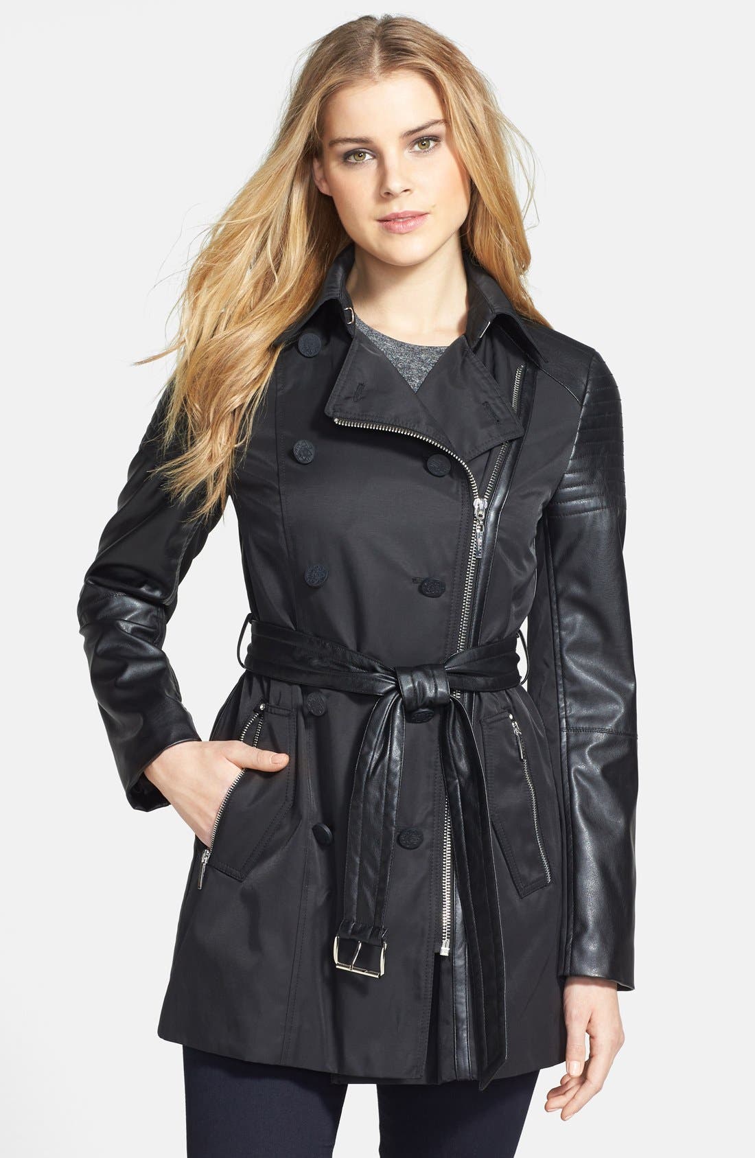 Laundry by Shelli Segal Faux Leather Detail Double Breasted Trench Coat