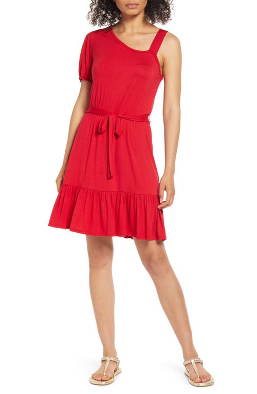 One-Shoulder Ruffle Hem Knit Dress in Red