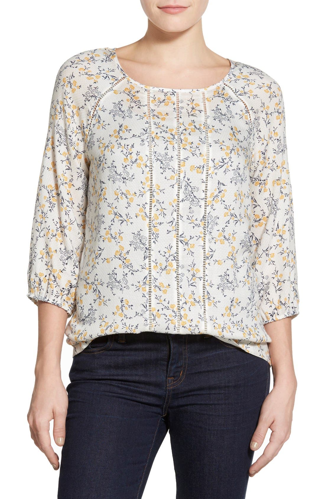 Caslon® Print Drop Stitch Detail Peasant Blouse (Regular & Petite