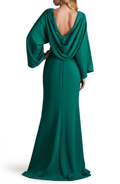 Tadashi Shoji Long-sleeve Open-back Gown In Emerald