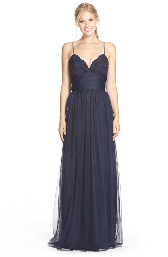 Shop Amsale Lace & Tulle Spaghetti Strap Gown In Navy