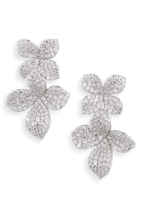 Cubic Zirconia Pavé Flower Drop Earrings