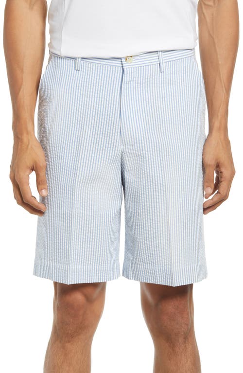Flat Front Seersucker Shorts in Light Blue