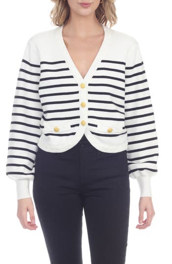 Rain And Rose Stripe Button Front Crop Cardigan In White/black