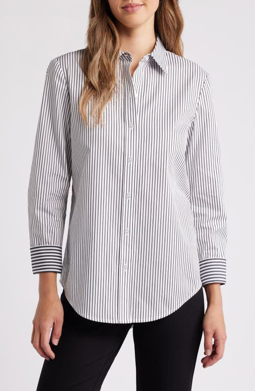 Anne Klein Stripe Cotton Poplin Button-up Shirt In Bright White/anne Blac