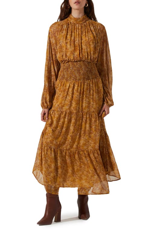 ASTR the Label Floral Print Smocked Waist Long Sleeve Maxi Dress in Mustard Brown Floral