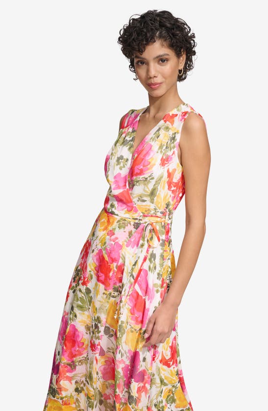 Shop Calvin Klein Floral Wrap Front Chiffon Midi Dress In Berry Multi