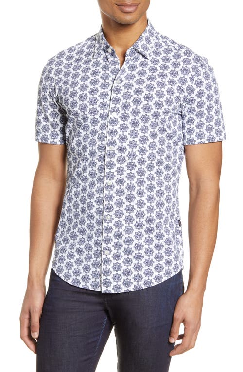 BOSS Robb Slim Fit Mini Floral Short Sleeve Button-Up Performance Shirt in Navy at Nordstrom, Size Medium