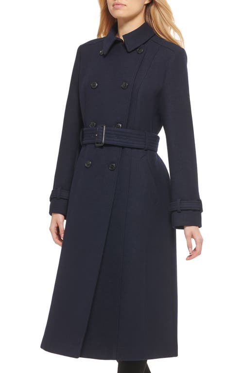 Cole Haan Signature Flared Belted Wool Blend Trench Coat in Navy